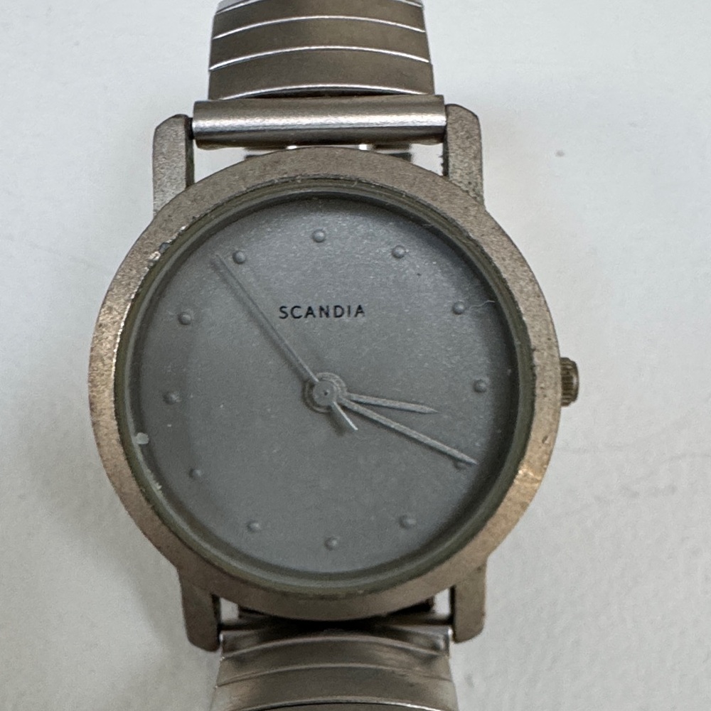 Satin silver Scandia watch with metal stretchable band. Sleek, comfortable.